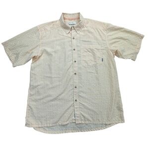 Simms Shirt Mens Large Beige Plaid Short Sleeve Nylon Blend Button Front Fishing